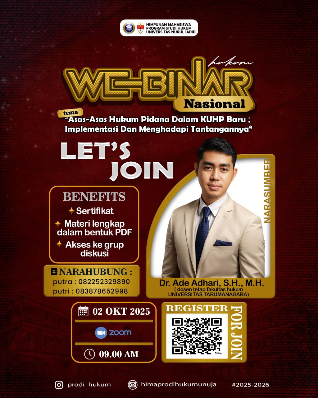 Prodi Hukum UNUJA Gelar Webinar Nasional: Kupas Asas-Asas Hukum Pidana dalam KUHP Baru